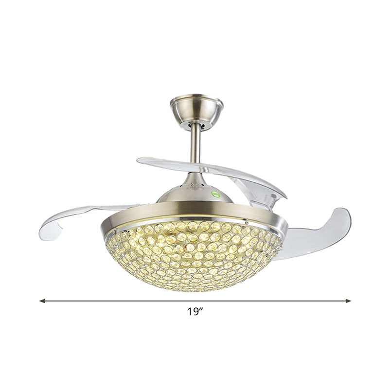 Modernism 19" Wide LED Semi Flush Ceiling Light Silver Bowl 4 Blades Pendant Fan Lamp Fixture with Crystal Embedded Shade Clearhalo 'Ceiling Fans with Lights' 'Ceiling Fans' 'Modern Ceiling Fans' 'Modern' Lighting' 1983315