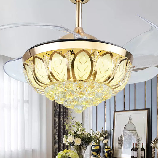 16" Wide Flower Semi Flush Mount Simple Crystal Orb Dining Room LED Hanging Fan Light with 4 Blades Clearhalo 'Ceiling Fans with Lights' 'Ceiling Fans' 'Modern Ceiling Fans' 'Modern' Lighting' 1983317