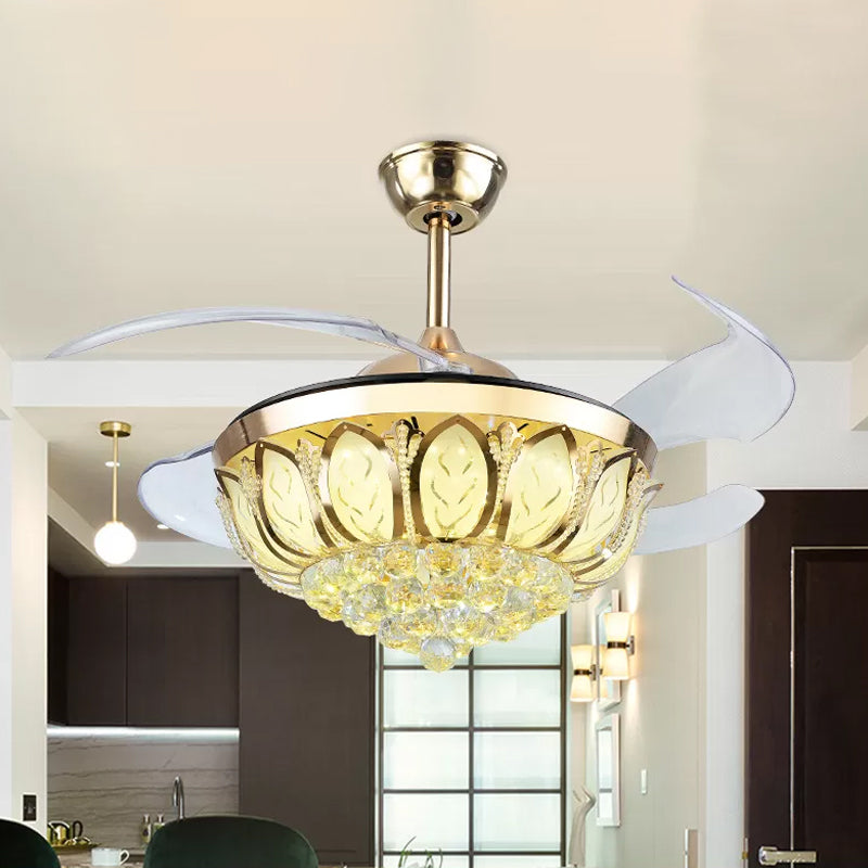 16" Wide Flower Semi Flush Mount Simple Crystal Orb Dining Room LED Hanging Fan Light with 4 Blades Clearhalo 'Ceiling Fans with Lights' 'Ceiling Fans' 'Modern Ceiling Fans' 'Modern' Lighting' 1983318