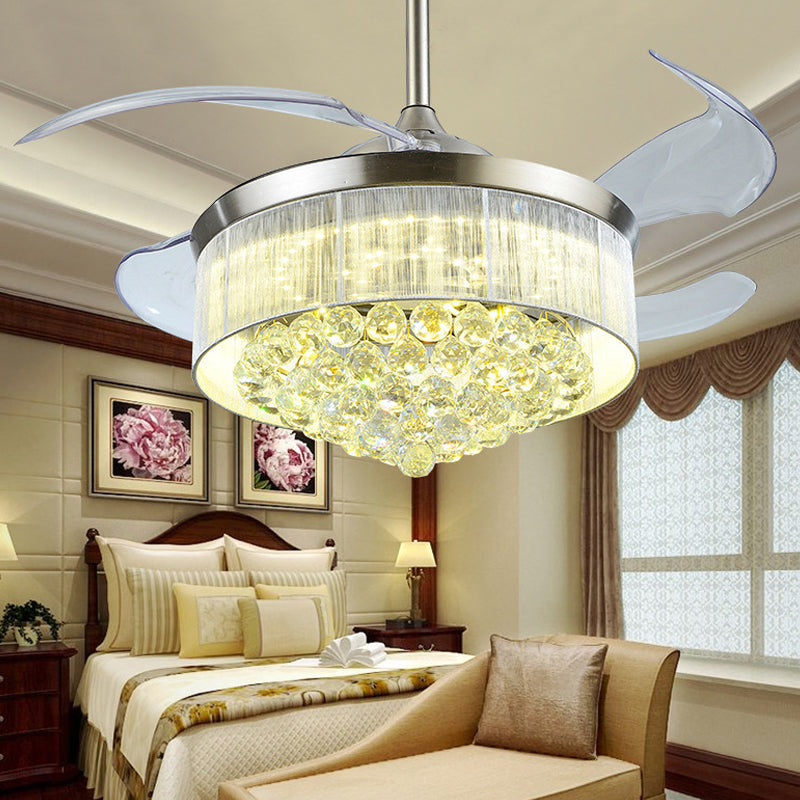 4-Blade Tapered Living Room Ceiling Fan Light Faceted Crystal LED Simplicity Semi Mount Lighting, 19" Wide Silver Clearhalo 'Ceiling Fans with Lights' 'Ceiling Fans' 'Modern Ceiling Fans' 'Modern' Lighting' 1983349