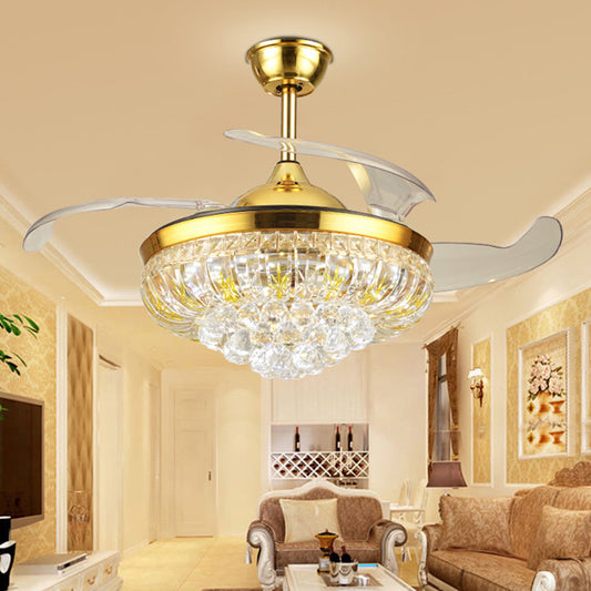 Nordic Donut Shaped Semi Flush Light Beveled Crystal 19" Wide LED Bedroom Pendant Fan Lamp with 4 Blades Gold Clearhalo 'Ceiling Fans with Lights' 'Ceiling Fans' 'Modern Ceiling Fans' 'Modern' Lighting' 1983355