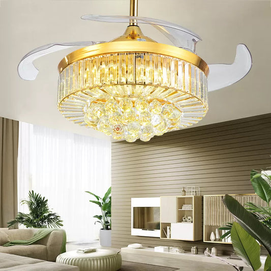 19" Wide Crystal Drum Semi Flush Mount Modernity LED Ceiling Fan Light Fixture, 4 Blades Clearhalo 'Ceiling Fans with Lights' 'Ceiling Fans' 'Modern Ceiling Fans' 'Modern' Lighting' 1983362