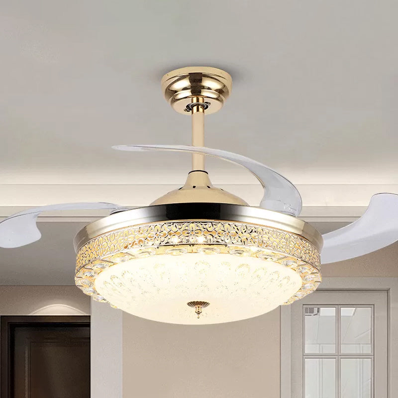 Bowl Dining Room Pendant Fan Lamp Faceted Crystal 19" Wide LED Modernism Semi Flush Mount Lighting, 4 Blades Gold Clearhalo 'Ceiling Fans with Lights' 'Ceiling Fans' 'Modern Ceiling Fans' 'Modern' Lighting' 1983367