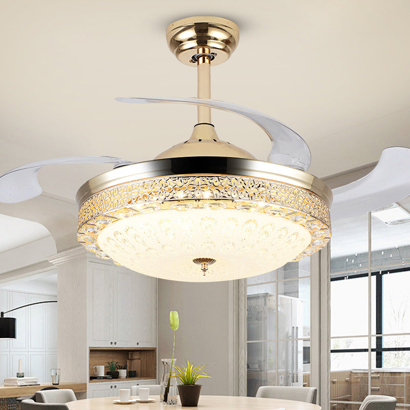 Bowl Dining Room Pendant Fan Lamp Faceted Crystal 19" Wide LED Modernism Semi Flush Mount Lighting, 4 Blades Clearhalo 'Ceiling Fans with Lights' 'Ceiling Fans' 'Modern Ceiling Fans' 'Modern' Lighting' 1983368