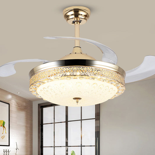 Bowl Dining Room Pendant Fan Lamp Faceted Crystal 19" Wide LED Modernism Semi Flush Mount Lighting, 4 Blades Clearhalo 'Ceiling Fans with Lights' 'Ceiling Fans' 'Modern Ceiling Fans' 'Modern' Lighting' 1983369