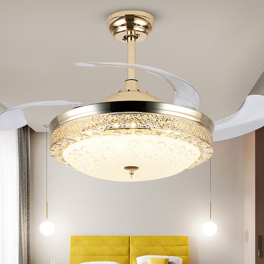 Bowl Dining Room Pendant Fan Lamp Faceted Crystal 19" Wide LED Modernism Semi Flush Mount Lighting, 4 Blades Clearhalo 'Ceiling Fans with Lights' 'Ceiling Fans' 'Modern Ceiling Fans' 'Modern' Lighting' 1983370
