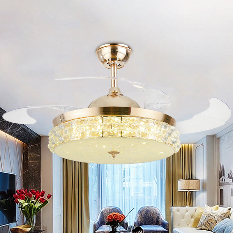 4-Blade LED Bedroom Pendant Fan Lamp Fixture Modern Gold Semi Flush Mount Light with Round Beveled Crystal Shade, 19" Wide Gold Clearhalo 'Ceiling Fans with Lights' 'Ceiling Fans' 'Modern Ceiling Fans' 'Modern' Lighting' 1983373