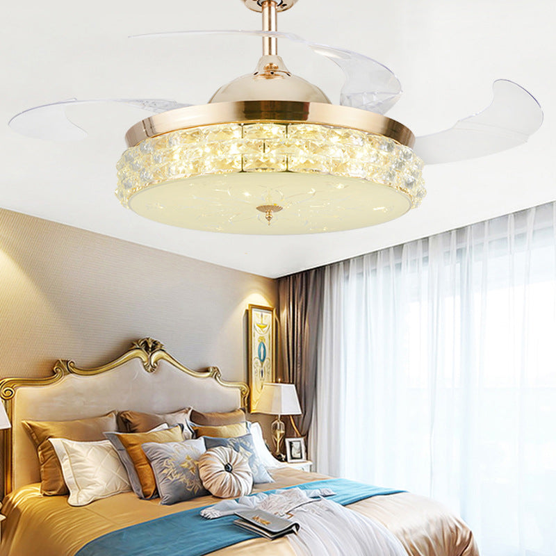 4-Blade LED Bedroom Pendant Fan Lamp Fixture Modern Gold Semi Flush Mount Light with Round Beveled Crystal Shade, 19" Wide Clearhalo 'Ceiling Fans with Lights' 'Ceiling Fans' 'Modern Ceiling Fans' 'Modern' Lighting' 1983374