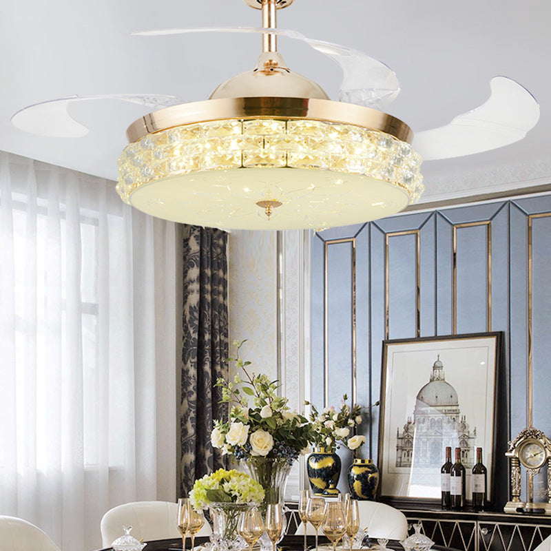 4-Blade LED Bedroom Pendant Fan Lamp Fixture Modern Gold Semi Flush Mount Light with Round Beveled Crystal Shade, 19" Wide Clearhalo 'Ceiling Fans with Lights' 'Ceiling Fans' 'Modern Ceiling Fans' 'Modern' Lighting' 1983376