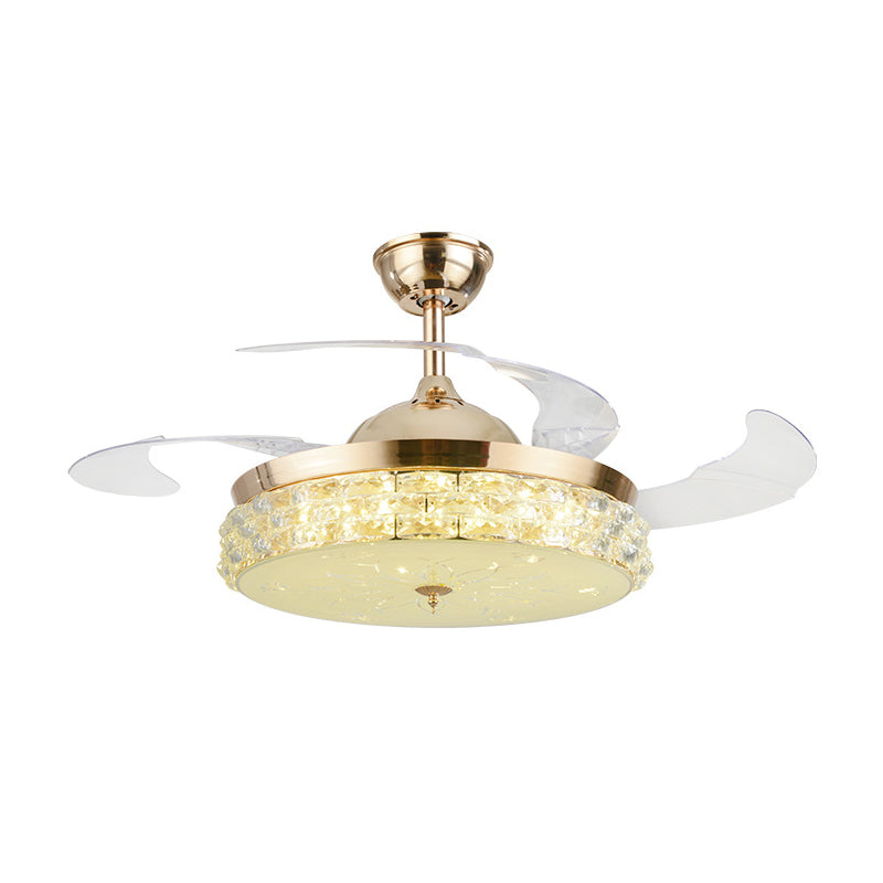 4-Blade LED Bedroom Pendant Fan Lamp Fixture Modern Gold Semi Flush Mount Light with Round Beveled Crystal Shade, 19" Wide Clearhalo 'Ceiling Fans with Lights' 'Ceiling Fans' 'Modern Ceiling Fans' 'Modern' Lighting' 1983377