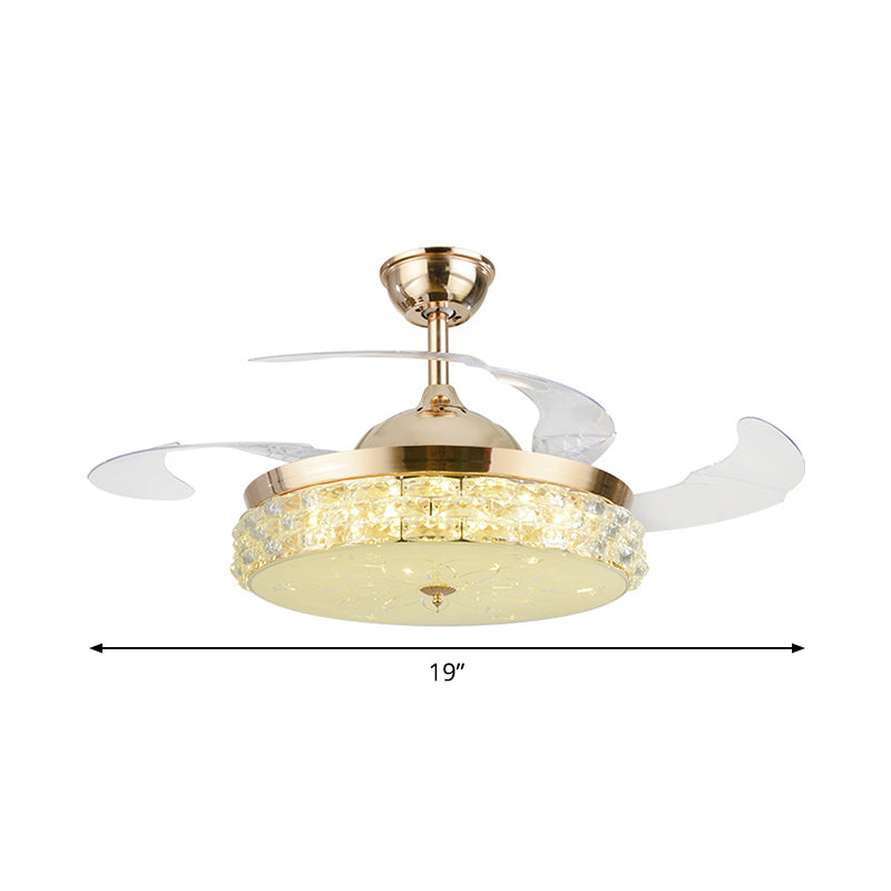 4-Blade LED Bedroom Pendant Fan Lamp Fixture Modern Gold Semi Flush Mount Light with Round Beveled Crystal Shade, 19" Wide Clearhalo 'Ceiling Fans with Lights' 'Ceiling Fans' 'Modern Ceiling Fans' 'Modern' Lighting' 1983378
