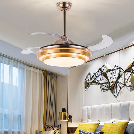 Tiered Round Metal 4 Blades Semi Flush Light Modernism LED Ceiling Fan Lamp for Dining Room, 19" Wide Gold Clearhalo 'Ceiling Fans with Lights' 'Ceiling Fans' 'Modern Ceiling Fans' 'Modern' Lighting' 1983379
