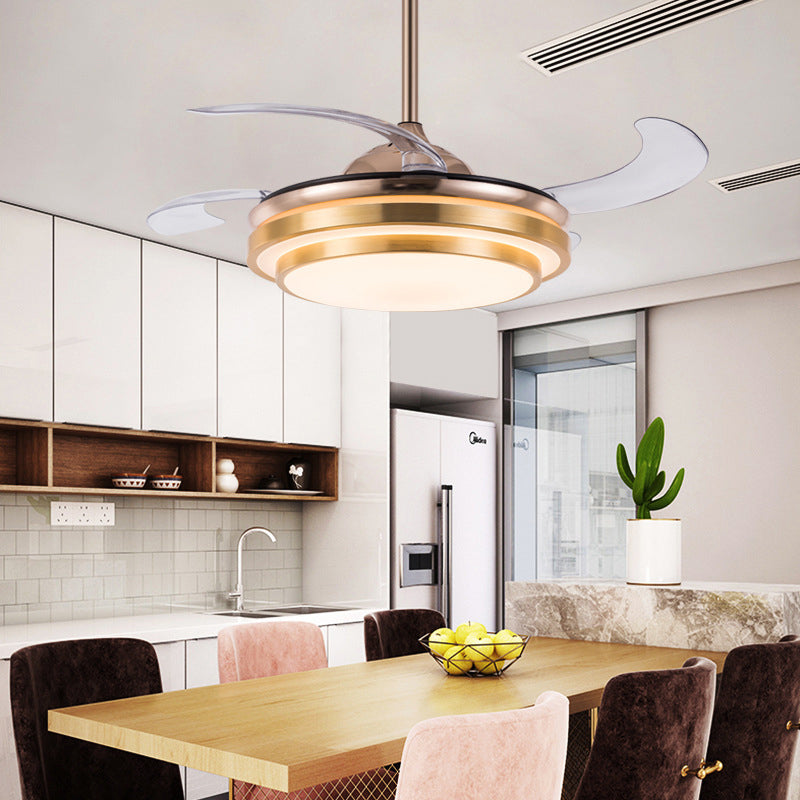 Tiered Round Metal 4 Blades Semi Flush Light Modernism LED Ceiling Fan Lamp for Dining Room, 19" Wide Clearhalo 'Ceiling Fans with Lights' 'Ceiling Fans' 'Modern Ceiling Fans' 'Modern' Lighting' 1983381