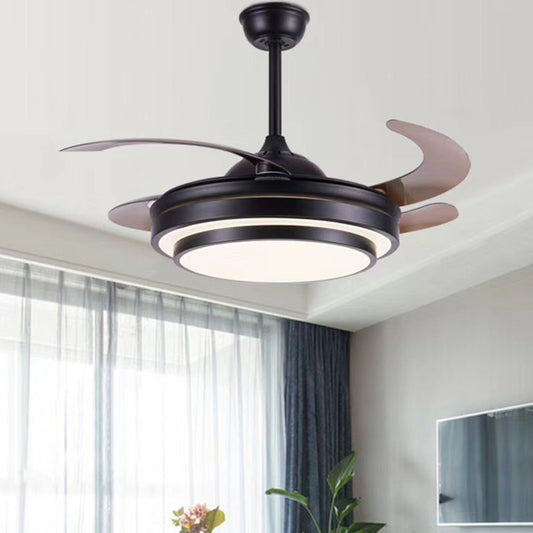 Tiered Round Metal 4 Blades Semi Flush Light Modernism LED Ceiling Fan Lamp for Dining Room, 19" Wide Black Clearhalo 'Ceiling Fans with Lights' 'Ceiling Fans' 'Modern Ceiling Fans' 'Modern' Lighting' 1983385
