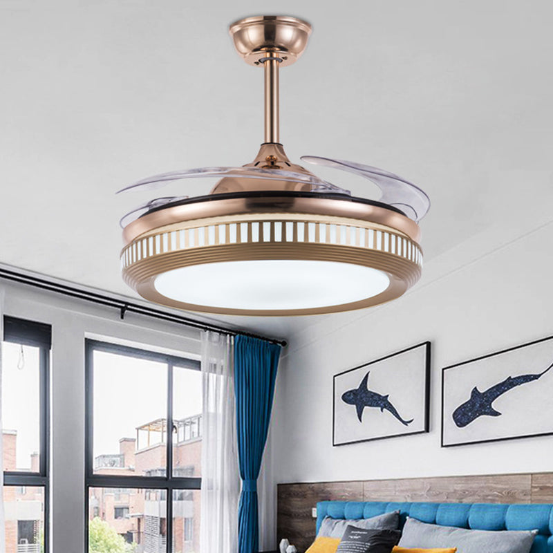 Acrylic Drum Hanging Fan Light Contemporary 19" Wide LED Gold Semi Flush Mount Lighting with 4 Blades Gold Clearhalo 'Ceiling Fans with Lights' 'Ceiling Fans' 'Modern Ceiling Fans' 'Modern' Lighting' 1983388