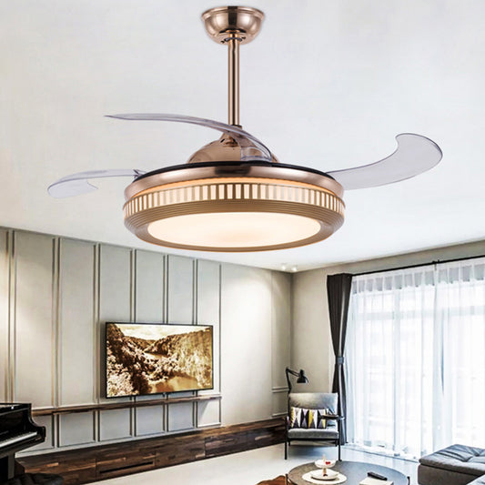 Acrylic Drum Hanging Fan Light Contemporary 19" Wide LED Gold Semi Flush Mount Lighting with 4 Blades Clearhalo 'Ceiling Fans with Lights' 'Ceiling Fans' 'Modern Ceiling Fans' 'Modern' Lighting' 1983390