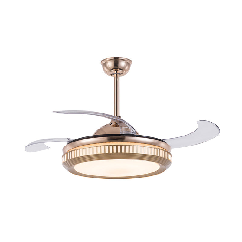 Acrylic Drum Hanging Fan Light Contemporary 19" Wide LED Gold Semi Flush Mount Lighting with 4 Blades Clearhalo 'Ceiling Fans with Lights' 'Ceiling Fans' 'Modern Ceiling Fans' 'Modern' Lighting' 1983391