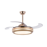 Acrylic Drum Hanging Fan Light Contemporary 19" Wide LED Gold Semi Flush Mount Lighting with 4 Blades Clearhalo 'Ceiling Fans with Lights' 'Ceiling Fans' 'Modern Ceiling Fans' 'Modern' Lighting' 1983391