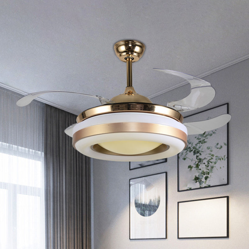 19" Wide Gold Round Hanging Fan Lamp Modernism LED Acrylic Semi-Flush Mount Light, 4 Blades Clearhalo 'Ceiling Fans with Lights' 'Ceiling Fans' 'Modern Ceiling Fans' 'Modern' Lighting' 1983400