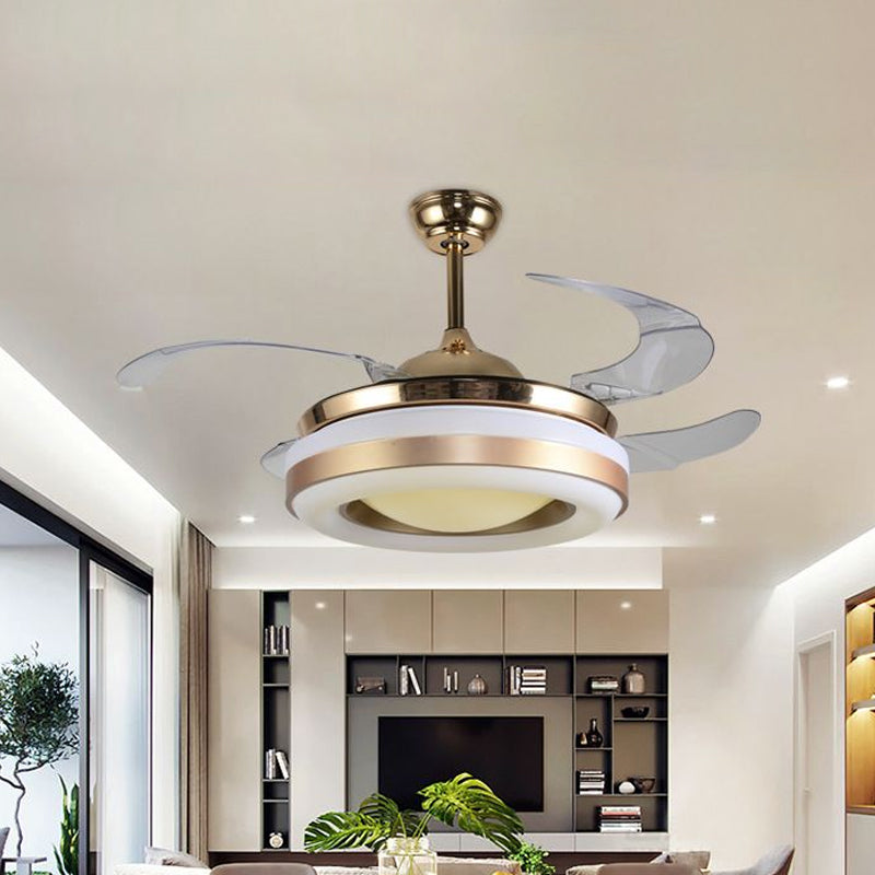19" Wide Gold Round Hanging Fan Lamp Modernism LED Acrylic Semi-Flush Mount Light, 4 Blades Clearhalo 'Ceiling Fans with Lights' 'Ceiling Fans' 'Modern Ceiling Fans' 'Modern' Lighting' 1983401