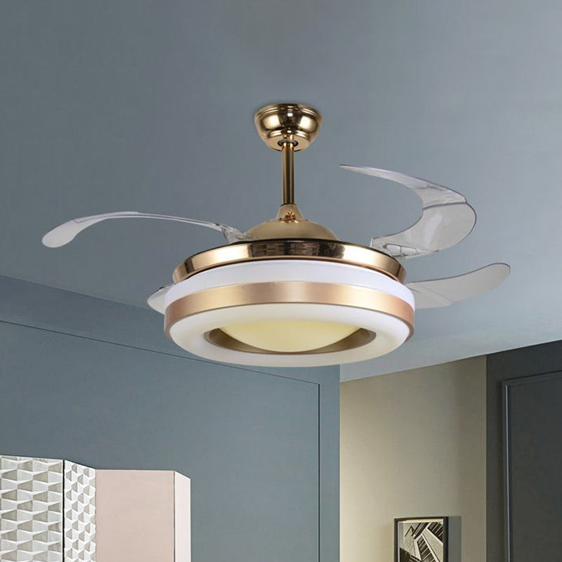 19" Wide Gold Round Hanging Fan Lamp Modernism LED Acrylic Semi-Flush Mount Light, 4 Blades Clearhalo 'Ceiling Fans with Lights' 'Ceiling Fans' 'Modern Ceiling Fans' 'Modern' Lighting' 1983402