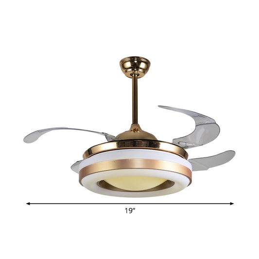 19" Wide Gold Round Hanging Fan Lamp Modernism LED Acrylic Semi-Flush Mount Light, 4 Blades Clearhalo 'Ceiling Fans with Lights' 'Ceiling Fans' 'Modern Ceiling Fans' 'Modern' Lighting' 1983404