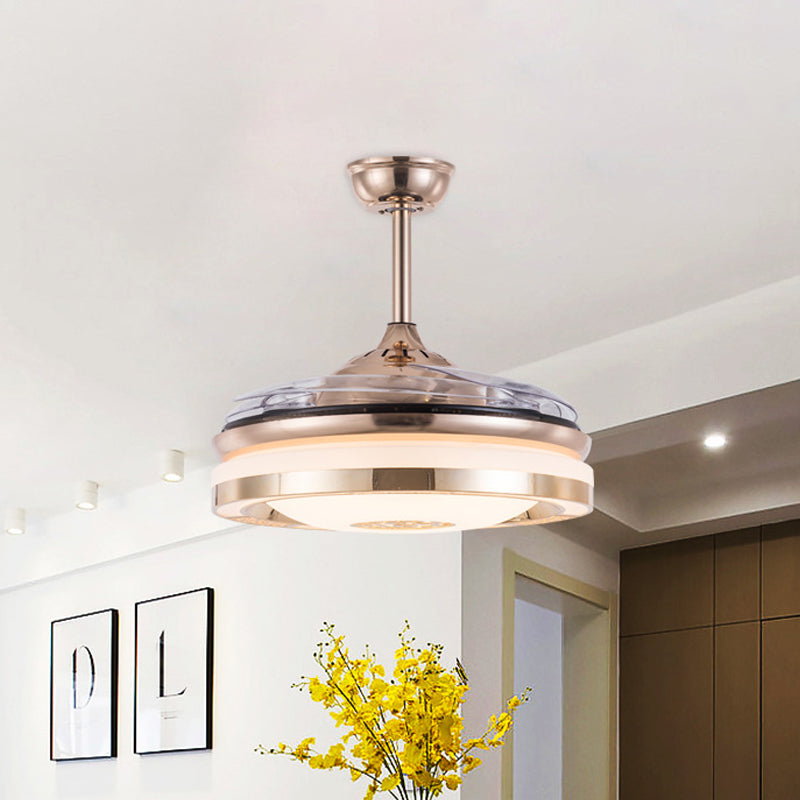 Simplicity LED Semi Flush Gold Circular 4-Blade Ceiling Fan Light Fixture with Acrylic Shade, 19" Wide Clearhalo 'Ceiling Fans with Lights' 'Ceiling Fans' 'Modern Ceiling Fans' 'Modern' Lighting' 1983407