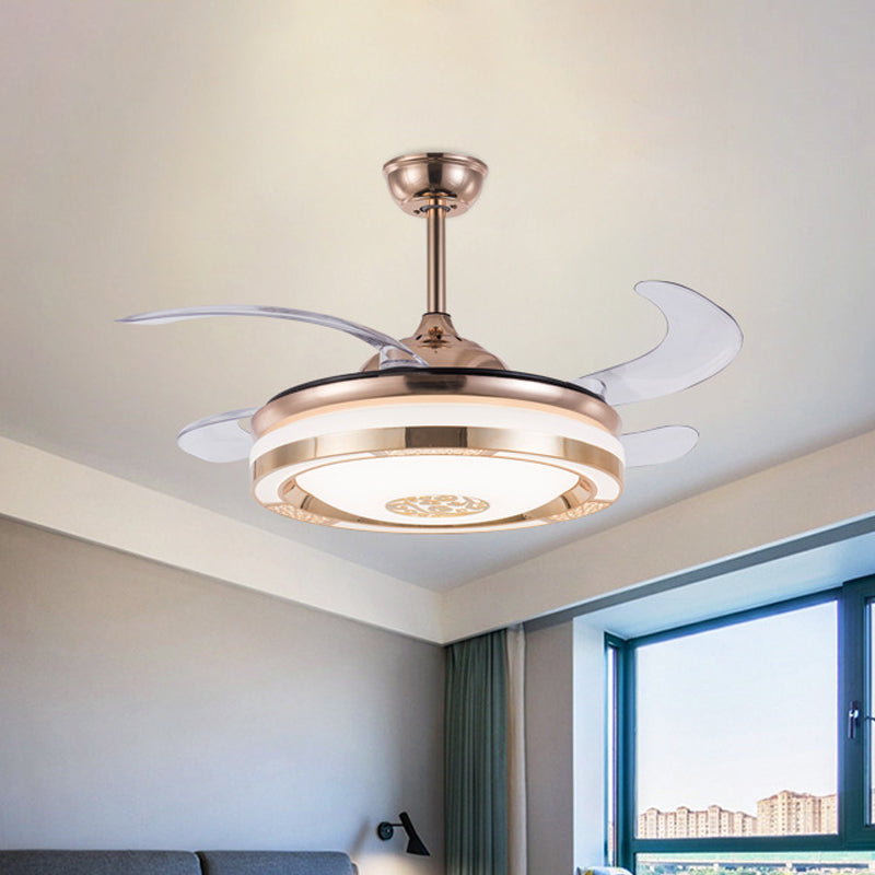 Simplicity LED Semi Flush Gold Circular 4-Blade Ceiling Fan Light Fixture with Acrylic Shade, 19" Wide Clearhalo 'Ceiling Fans with Lights' 'Ceiling Fans' 'Modern Ceiling Fans' 'Modern' Lighting' 1983408