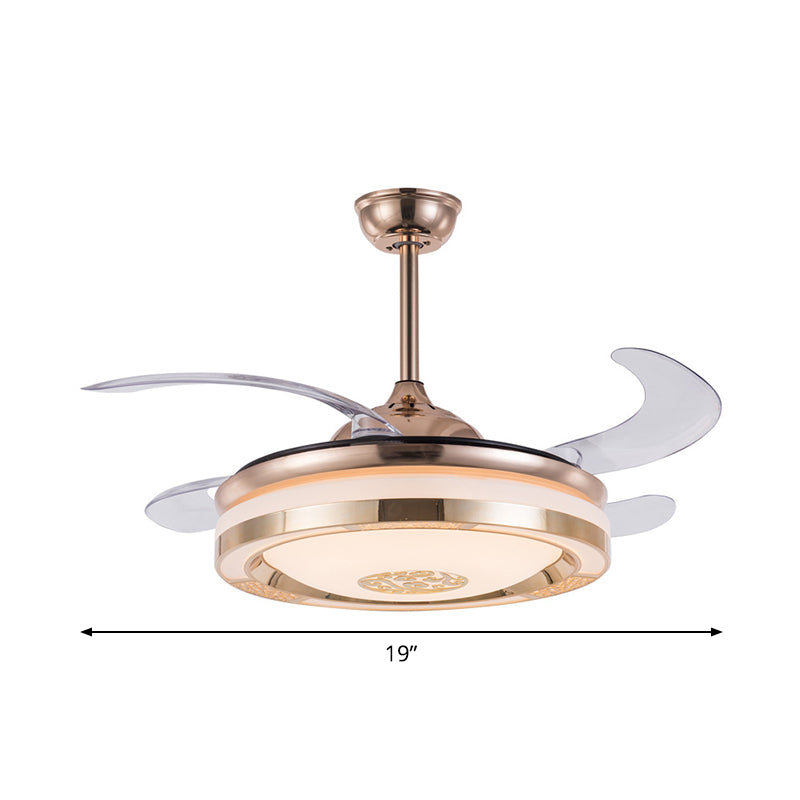 Simplicity LED Semi Flush Gold Circular 4-Blade Ceiling Fan Light Fixture with Acrylic Shade, 19" Wide Clearhalo 'Ceiling Fans with Lights' 'Ceiling Fans' 'Modern Ceiling Fans' 'Modern' Lighting' 1983410