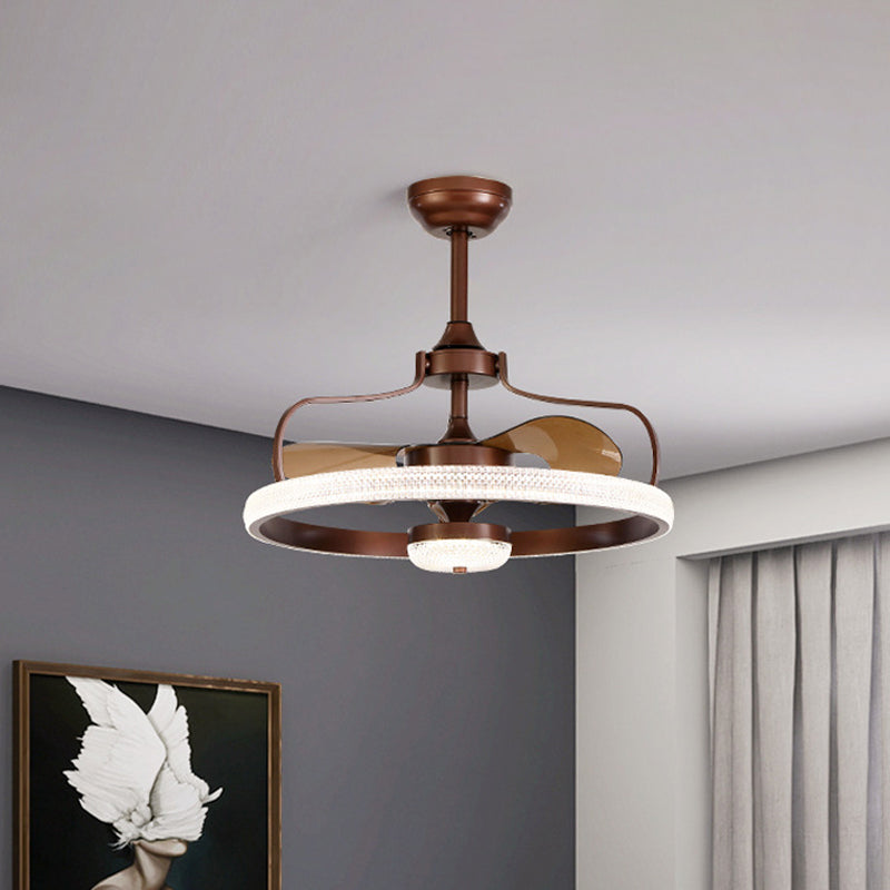 Modern Ring 3 Blades Ceiling Fan Light Fixture Crystal LED Bedroom Semi Flush Mount Lighting, 23.5" Wide Coffee Clearhalo 'Ceiling Fans with Lights' 'Ceiling Fans' 'Modern Ceiling Fans' 'Modern' Lighting' 1983433