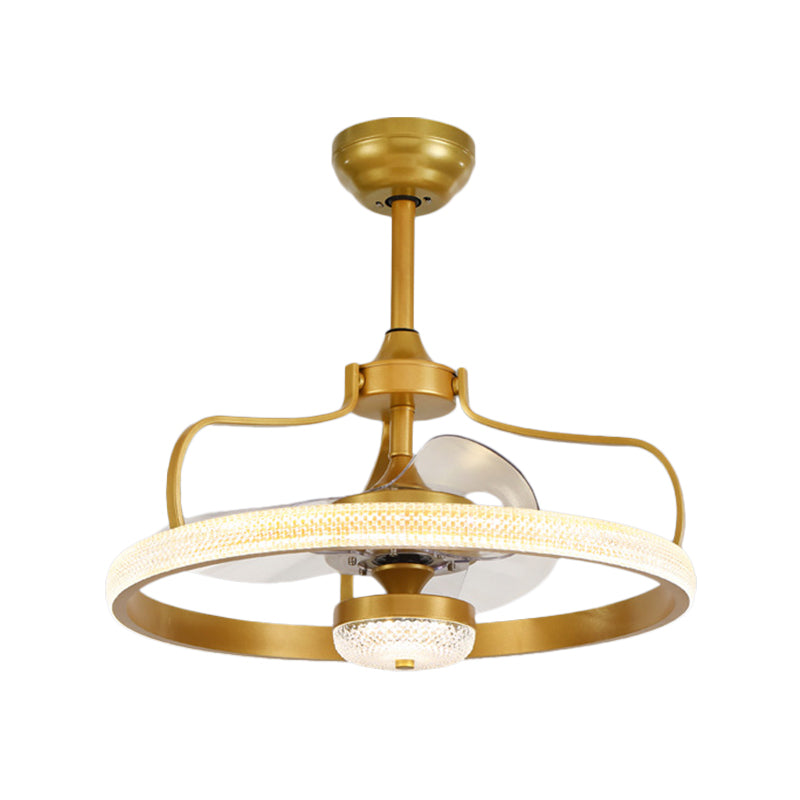 Modern Ring 3 Blades Ceiling Fan Light Fixture Crystal LED Bedroom Semi Flush Mount Lighting, 23.5" Wide Gold Clearhalo 'Ceiling Fans with Lights' 'Ceiling Fans' 'Modern Ceiling Fans' 'Modern' Lighting' 1983438