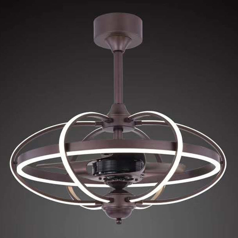 3-Blade Cage Metal Semi Flush Ceiling Light Simple 25.5" Wide LED Coffee Hanging Fan Lamp Clearhalo 'Ceiling Fans with Lights' 'Ceiling Fans' 'Modern Ceiling Fans' 'Modern' Lighting' 1983455
