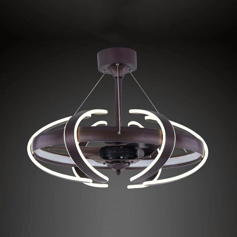 3-Blade Cage Metal Semi Flush Ceiling Light Simple 25.5" Wide LED Coffee Hanging Fan Lamp Coffee B Clearhalo 'Ceiling Fans with Lights' 'Ceiling Fans' 'Modern Ceiling Fans' 'Modern' Lighting' 1983457