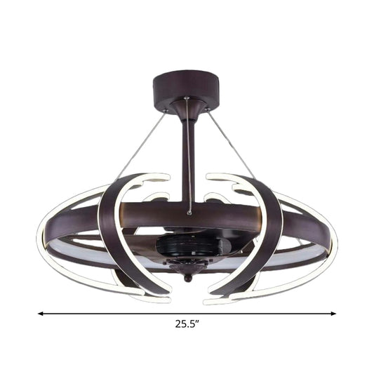3-Blade Cage Metal Semi Flush Ceiling Light Simple 25.5" Wide LED Coffee Hanging Fan Lamp Clearhalo 'Ceiling Fans with Lights' 'Ceiling Fans' 'Modern Ceiling Fans' 'Modern' Lighting' 1983459