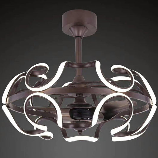 3-Blade Cage Metal Semi Flush Ceiling Light Simple 25.5" Wide LED Coffee Hanging Fan Lamp Coffee C Clearhalo 'Ceiling Fans with Lights' 'Ceiling Fans' 'Modern Ceiling Fans' 'Modern' Lighting' 1983460