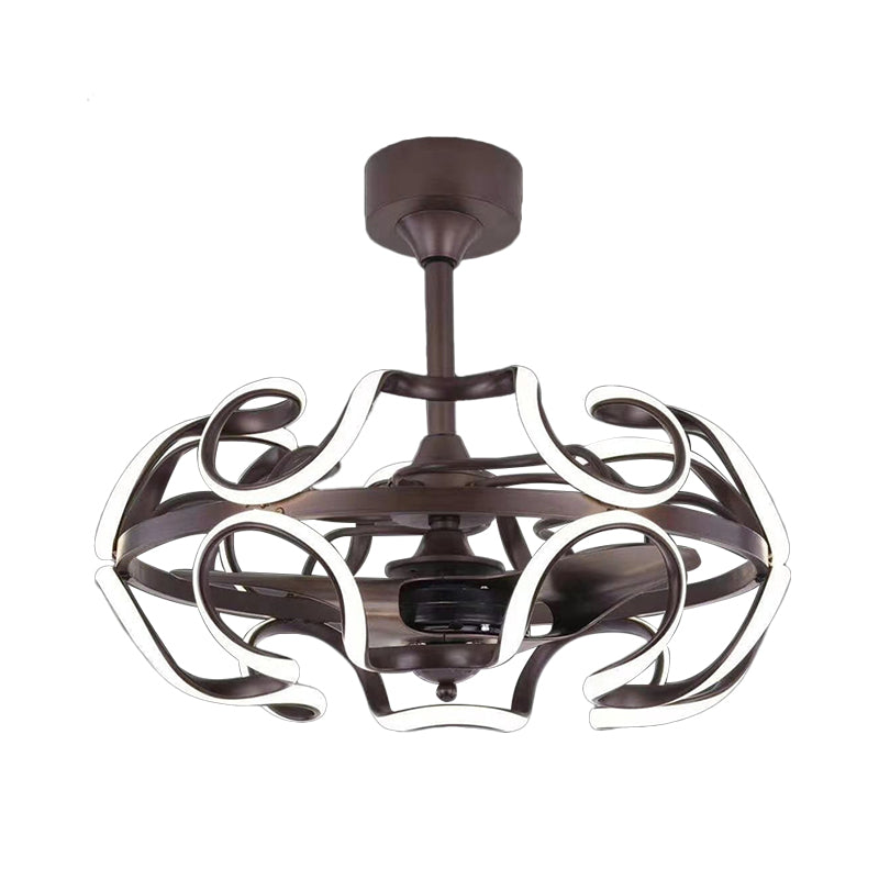 3-Blade Cage Metal Semi Flush Ceiling Light Simple 25.5" Wide LED Coffee Hanging Fan Lamp Clearhalo 'Ceiling Fans with Lights' 'Ceiling Fans' 'Modern Ceiling Fans' 'Modern' Lighting' 1983461