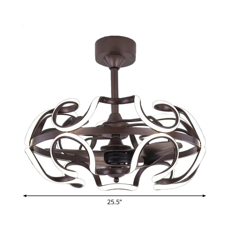 3-Blade Cage Metal Semi Flush Ceiling Light Simple 25.5" Wide LED Coffee Hanging Fan Lamp Clearhalo 'Ceiling Fans with Lights' 'Ceiling Fans' 'Modern Ceiling Fans' 'Modern' Lighting' 1983462