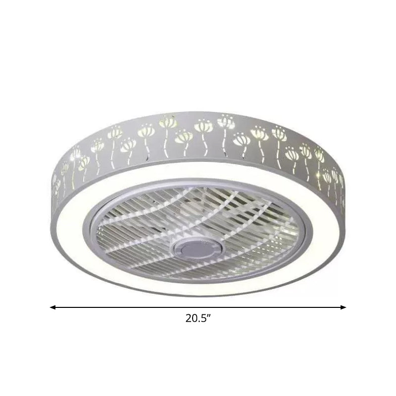 Drum Laser-Cut Acrylic Ceiling Fan Lamp Simple 20.5" Wide LED White Semi Mount Lighting Clearhalo 'Ceiling Fans with Lights' 'Ceiling Fans' 'Modern Ceiling Fans' 'Modern' Lighting' 1983492