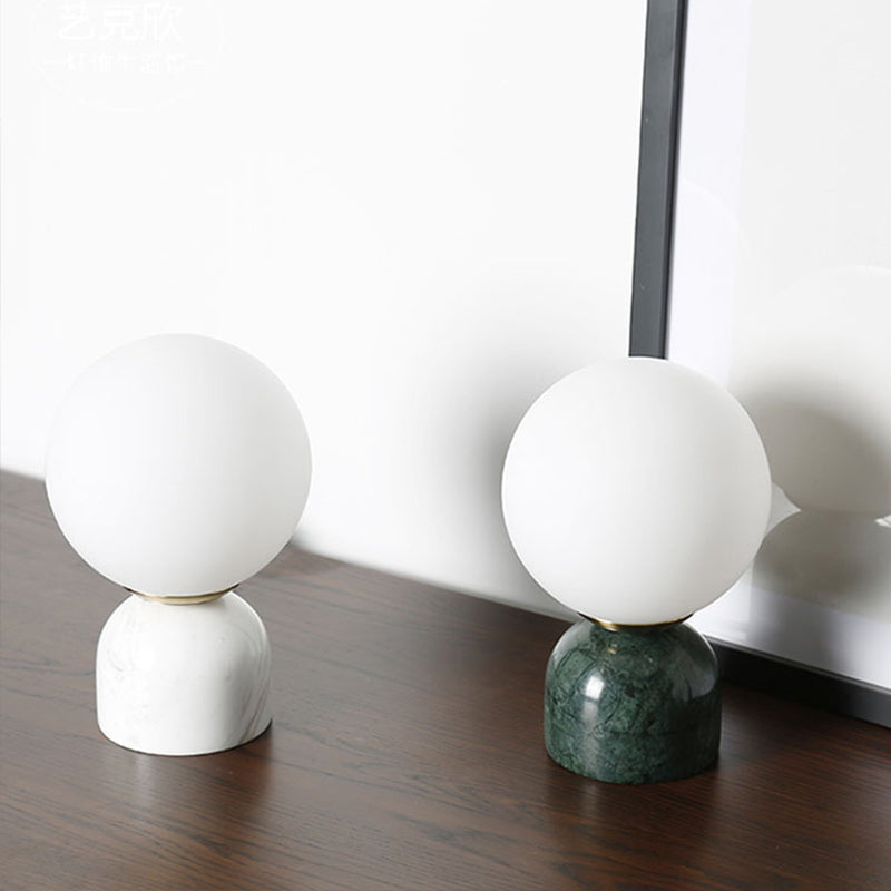 Simple Ball Night Stand Light Milky Glass 1 Head Bedside Table Lamp with Black/White/Green Marble Pedestal Clearhalo 'Lamps' 'Table Lamps' Lighting' 1983574