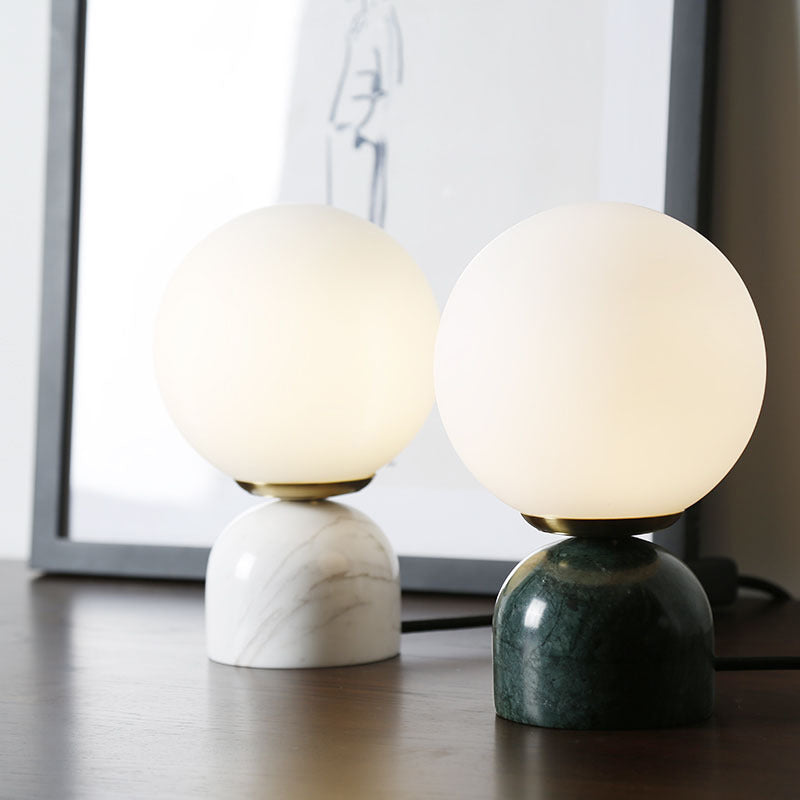 Simple Ball Night Stand Light Milky Glass 1 Head Bedside Table Lamp with Black/White/Green Marble Pedestal Clearhalo 'Lamps' 'Table Lamps' Lighting' 1983575