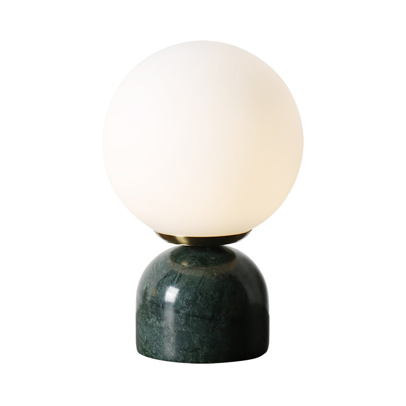 Simple Ball Night Stand Light Milky Glass 1 Head Bedside Table Lamp with Black/White/Green Marble Pedestal Clearhalo 'Lamps' 'Table Lamps' Lighting' 1983577