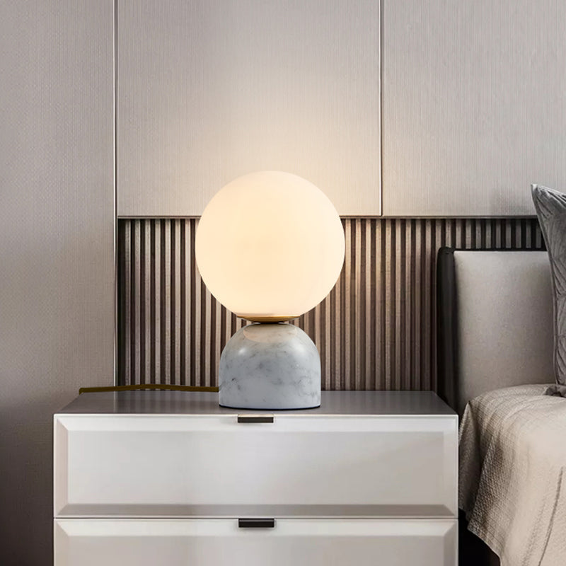 Simple Ball Night Stand Light Milky Glass 1 Head Bedside Table Lamp with Black/White/Green Marble Pedestal White Clearhalo 'Lamps' 'Table Lamps' Lighting' 1983579