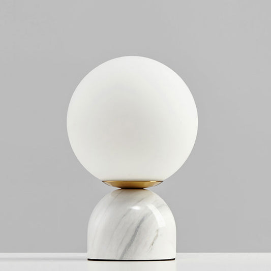 Simple Ball Night Stand Light Milky Glass 1 Head Bedside Table Lamp with Black/White/Green Marble Pedestal Clearhalo 'Lamps' 'Table Lamps' Lighting' 1983581