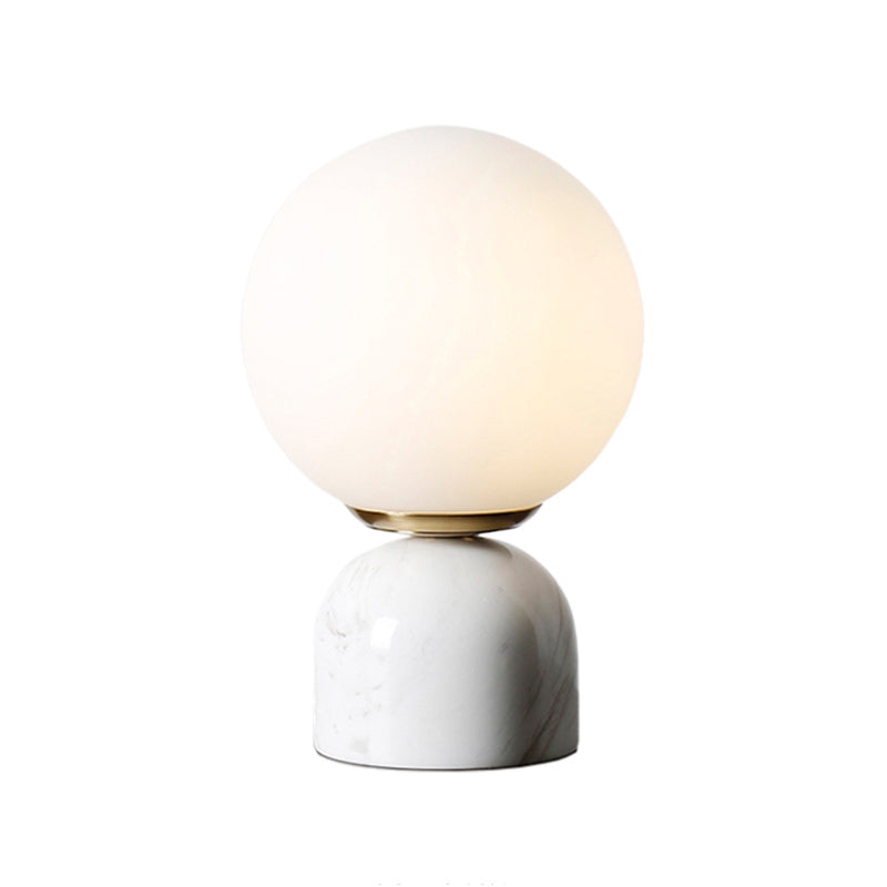 Simple Ball Night Stand Light Milky Glass 1 Head Bedside Table Lamp with Black/White/Green Marble Pedestal Clearhalo 'Lamps' 'Table Lamps' Lighting' 1983582