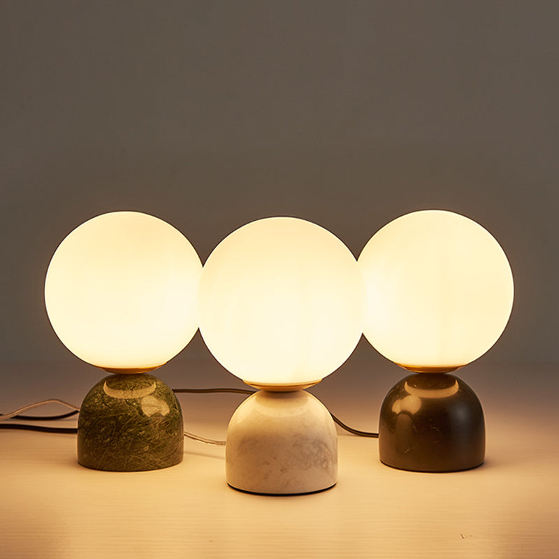 Simple Ball Night Stand Light Milky Glass 1 Head Bedside Table Lamp with Black/White/Green Marble Pedestal Clearhalo 'Lamps' 'Table Lamps' Lighting' 1983584