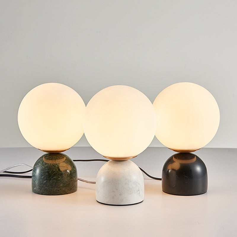 Simple Ball Night Stand Light Milky Glass 1 Head Bedside Table Lamp with Black/White/Green Marble Pedestal Clearhalo 'Lamps' 'Table Lamps' Lighting' 1983585