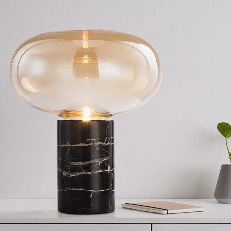 9.5"/15" W Single Living Room Night Light Postmodern Black Marble Table Lamp with Ellipse Grey/Amber Glass Shade Clearhalo 'Lamps' 'Table Lamps' Lighting' 1983617
