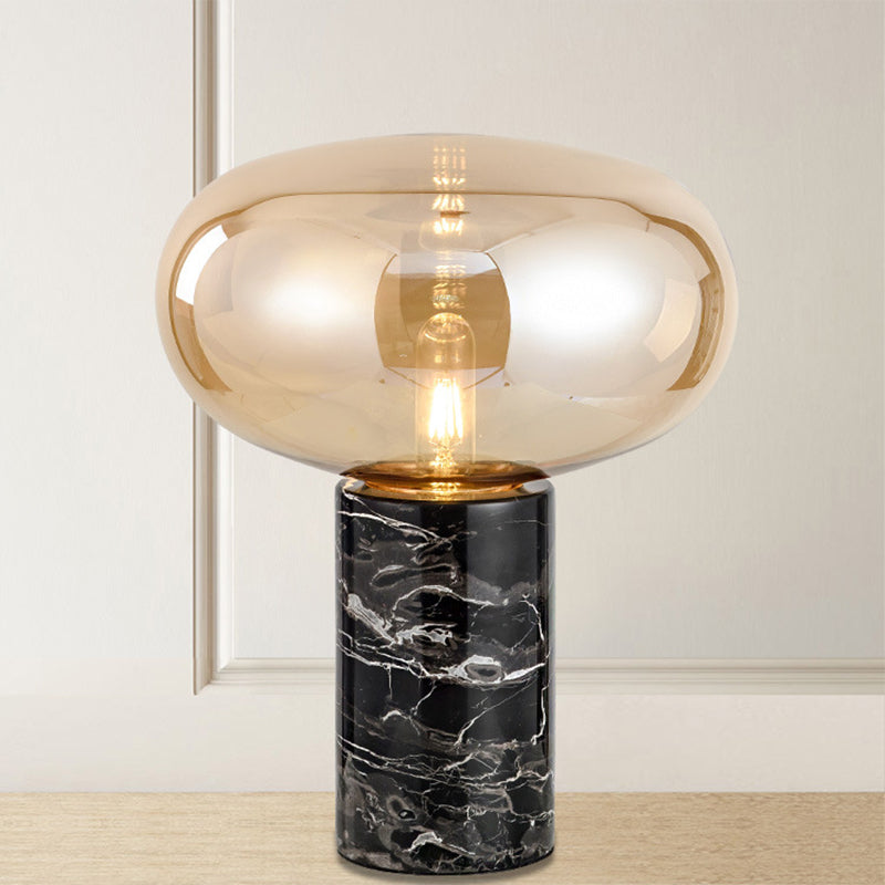 9"/12.5" Wide Cylinder Table Light Designer Marble 1 Head Black Night Lamp with Oval Grey/Amber Glass Shade Clearhalo 'Lamps' 'Table Lamps' Lighting' 1983625