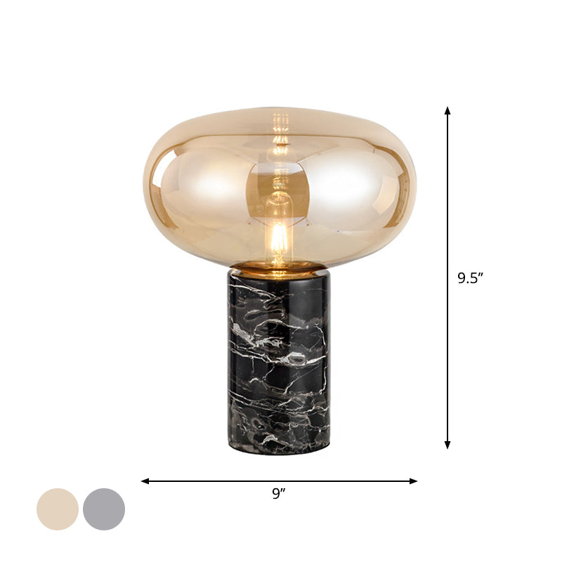 9"/12.5" Wide Cylinder Table Light Designer Marble 1 Head Black Night Lamp with Oval Grey/Amber Glass Shade Clearhalo 'Lamps' 'Table Lamps' Lighting' 1983627