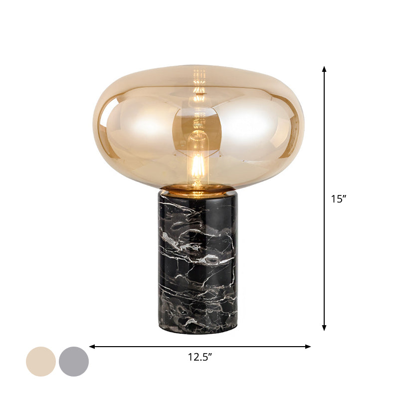 9"/12.5" Wide Cylinder Table Light Designer Marble 1 Head Black Night Lamp with Oval Grey/Amber Glass Shade Clearhalo 'Lamps' 'Table Lamps' Lighting' 1983628